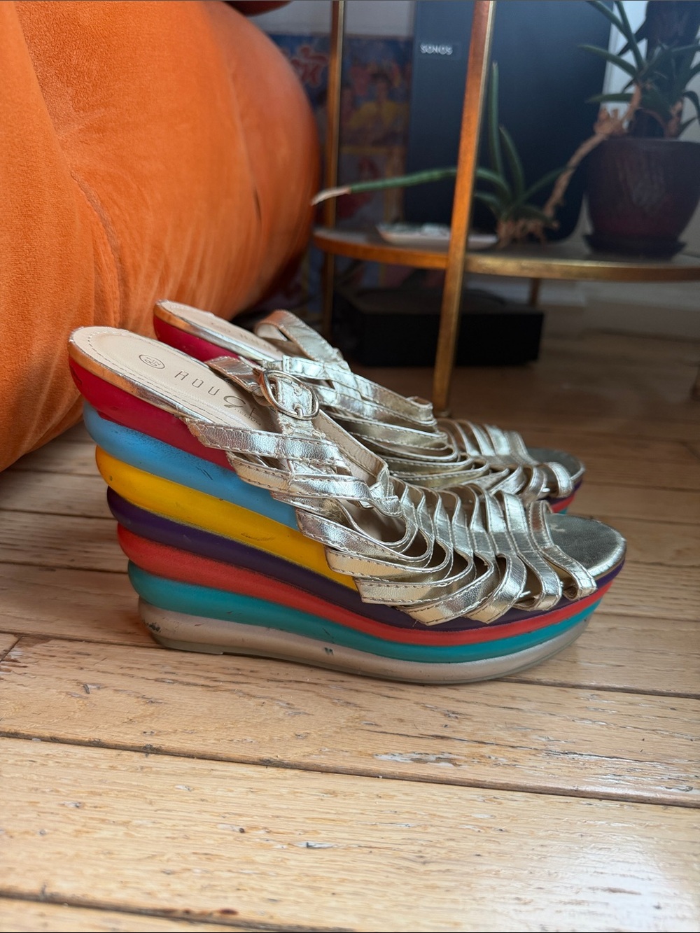 Vintage Disco Gold Metallic Strappy Wedge Sandals with Rainbow Platform